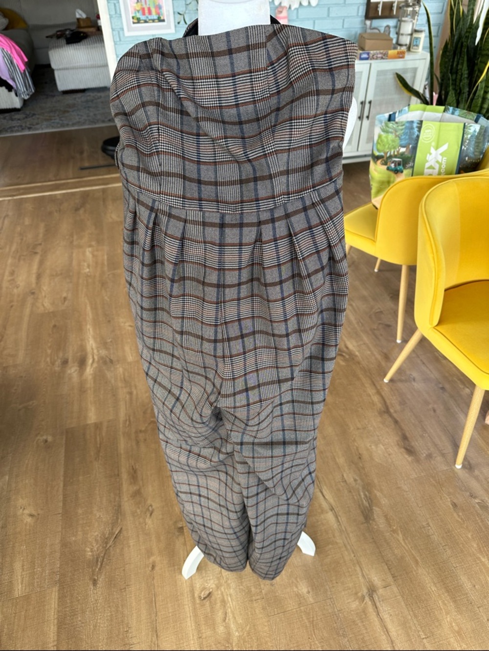Corey Lynn Calter Plaid Strapless Jumpsuit in Gray and Brown